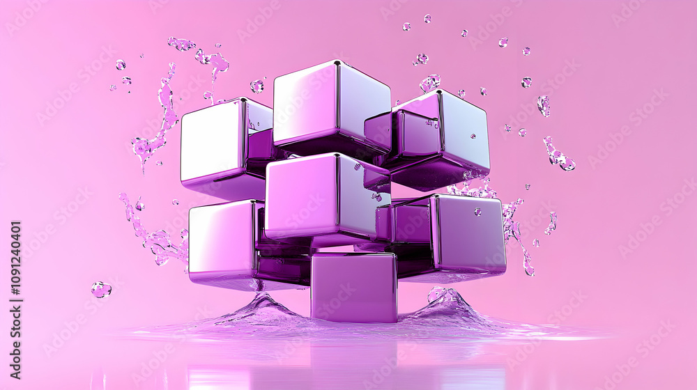 Poster abstract 3d render: shimmering purple cubes falling into water, creating a dynamic splash and reflec