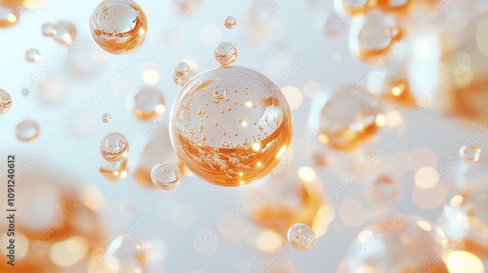 Poster floating transparent bubbles with sparkling illumination set against a soft blue background, creatin