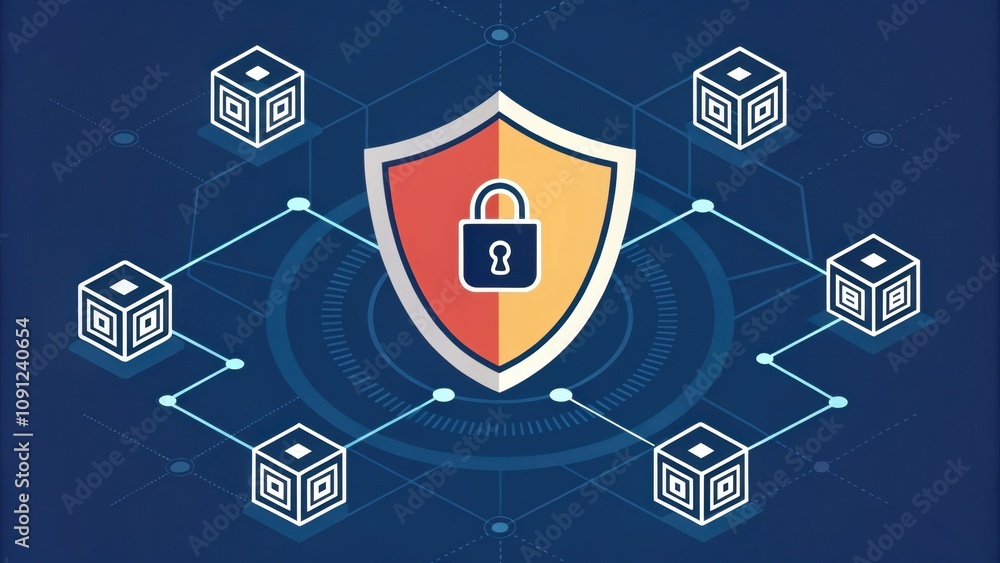 Poster data security a shield icon representing security p over a blockchain emphasizing the secure nature 