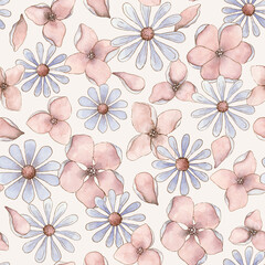 Wildflower watercolor seamless pattern for background, fabric, textile, fashion, wallpaper, wedding, banner, sticker, decoration etc.