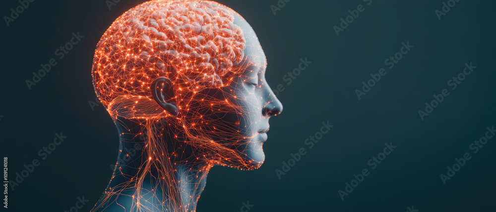 Poster neural connections in human profile, intricate visualization showcasing the interplay between human 