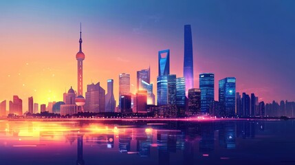 Obraz premium A minimalist skyline with colorful silhouettes of famous landmarks under a glowing twilight sky.
