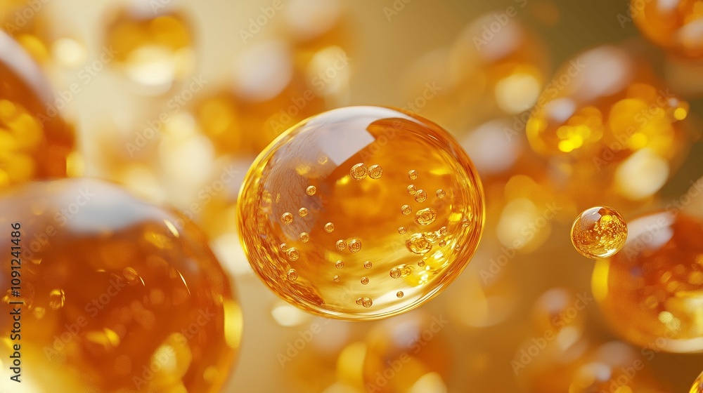 Poster bubbles of amber liquid floating in warm light creating a dreamy atmosphere of texture and warmth, p