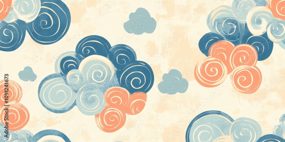 Poster a whimsical pattern featuring swirly clouds in soft colors against a light background.