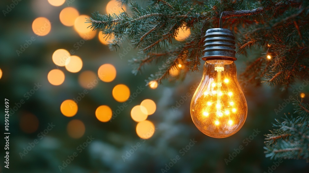 Poster a glowing light bulb hanging from a christmas tree branch with a bokeh background.