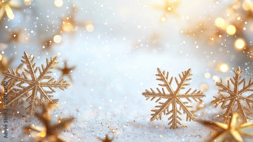 Aufkleber elegant golden snowflakes on a soft background with sparkling bokeh lights creating a magical winter