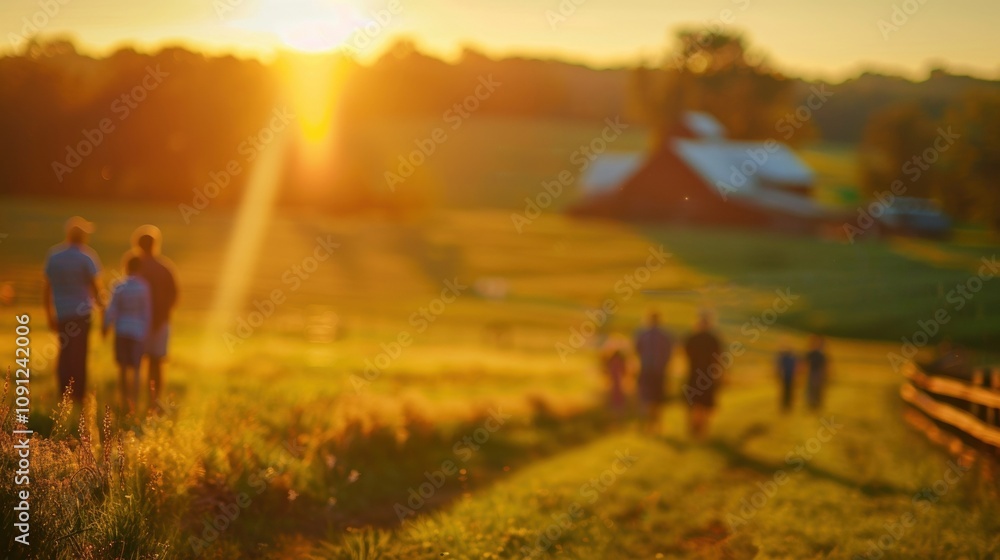 Poster defocused image of visitors milling around the open fields of the farm.
