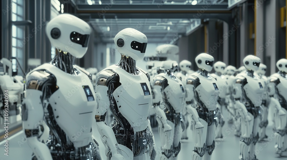 Poster autonomous machines working together seamlessly in a futuristic smart factory.
