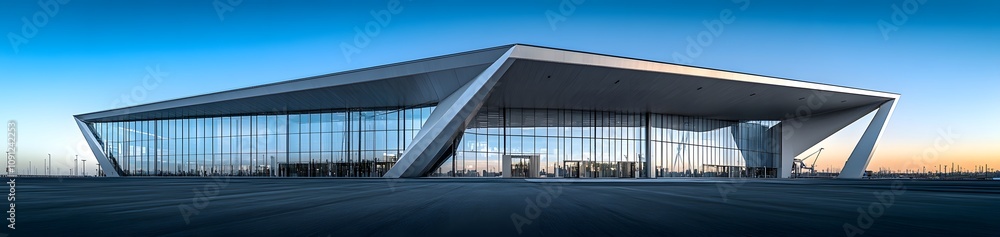 Poster modern architectural building with large glass facade and angular design at dusk.