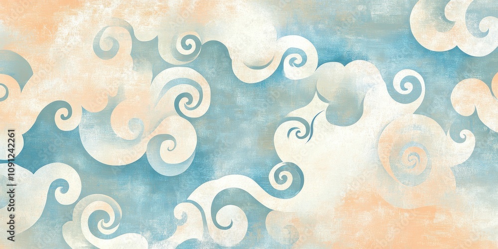Poster abstract swirling clouds in soft pastel colors, creating a serene and calming atmosphere.