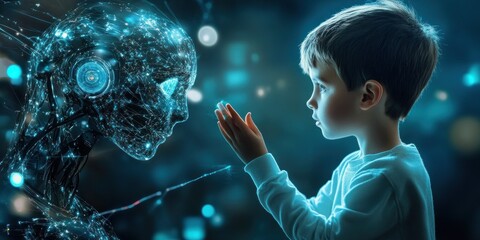 Young boy gazes at futuristic AI robot face