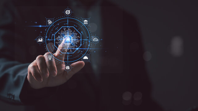 A man is touching a blue circle with a Ai on it. Concept of technology and innovation