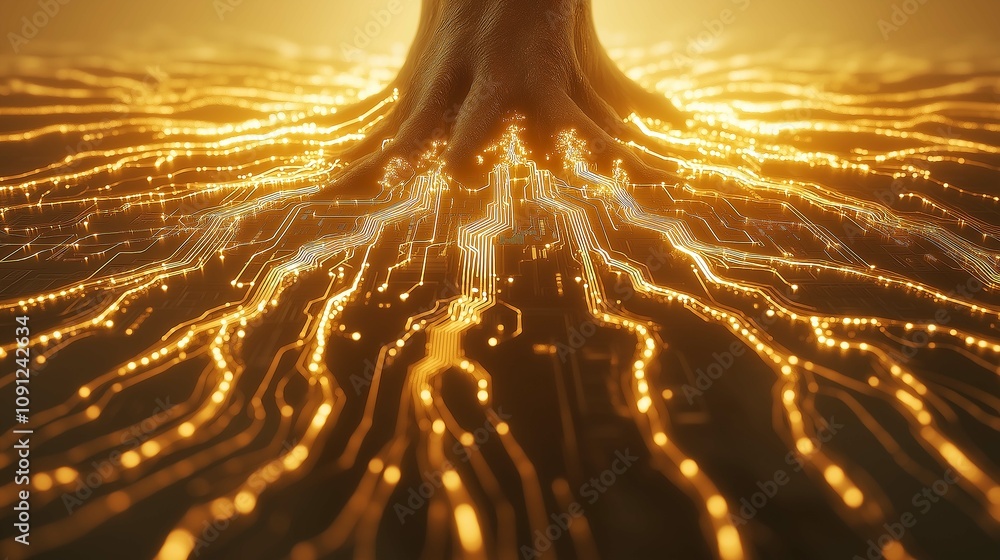 Poster abstract representation of a human hand emerging from a digital landscape, intertwining with luminou