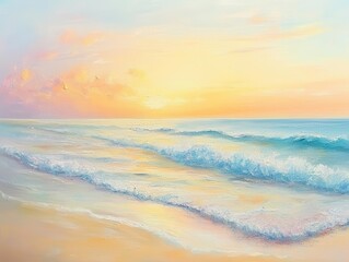 Fototapeta premium sunrise casting a warm glow over a tranquil beach, with gentle waves lapping the shore and a sky painted in pastel hues, capturing the peaceful essence of a new day