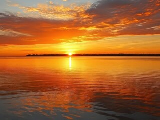 Fototapeta premium sunset casting golden hues over calm water, reflecting vibrant colors and creating a peaceful atmosphere, with soft clouds enhancing the tranquil scene on the horizon