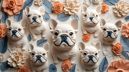 Adorable French Bulldog Puppies in Floral Arrangement Pet Portrait Dog Lovers Cute Animals White