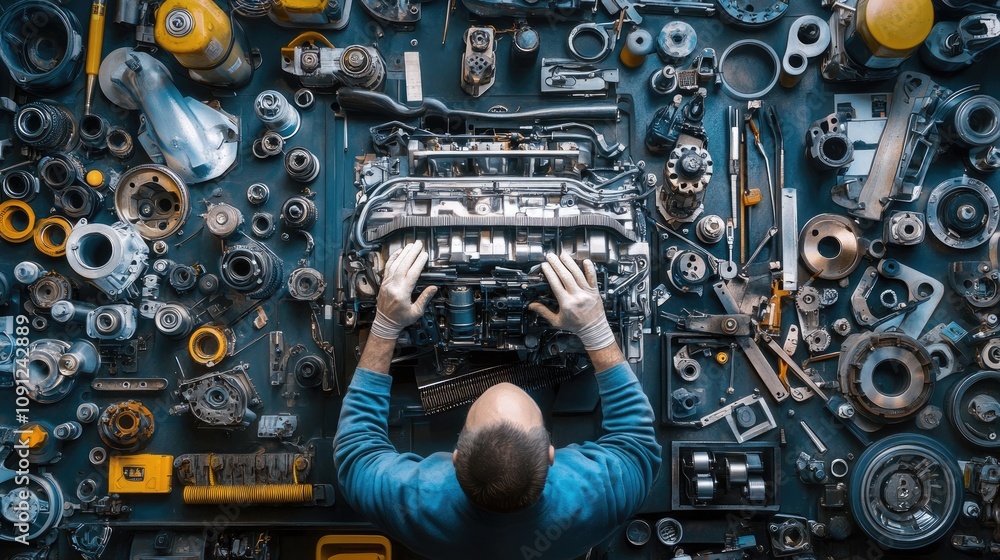 Aufkleber a panoramic view of a mechanic assembling an engine block, surrounded by various auto parts.