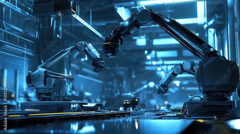 Poster autonomous machines working together seamlessly in a futuristic smart factory.
