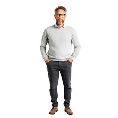 Fototapeta premium Confident Businessman in Casual Attire Standing with Hands in Pockets Against a Transparent Background for Corporate and Professional Use