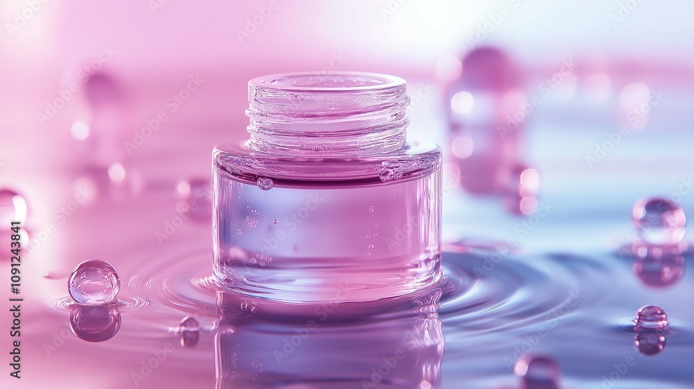 Poster Close-Up View of a Transparent Jar Filled with Vibrant Pink Liquid Surrounded by Floating Droplets and Soft Reflections on Shimmering Water Surface
