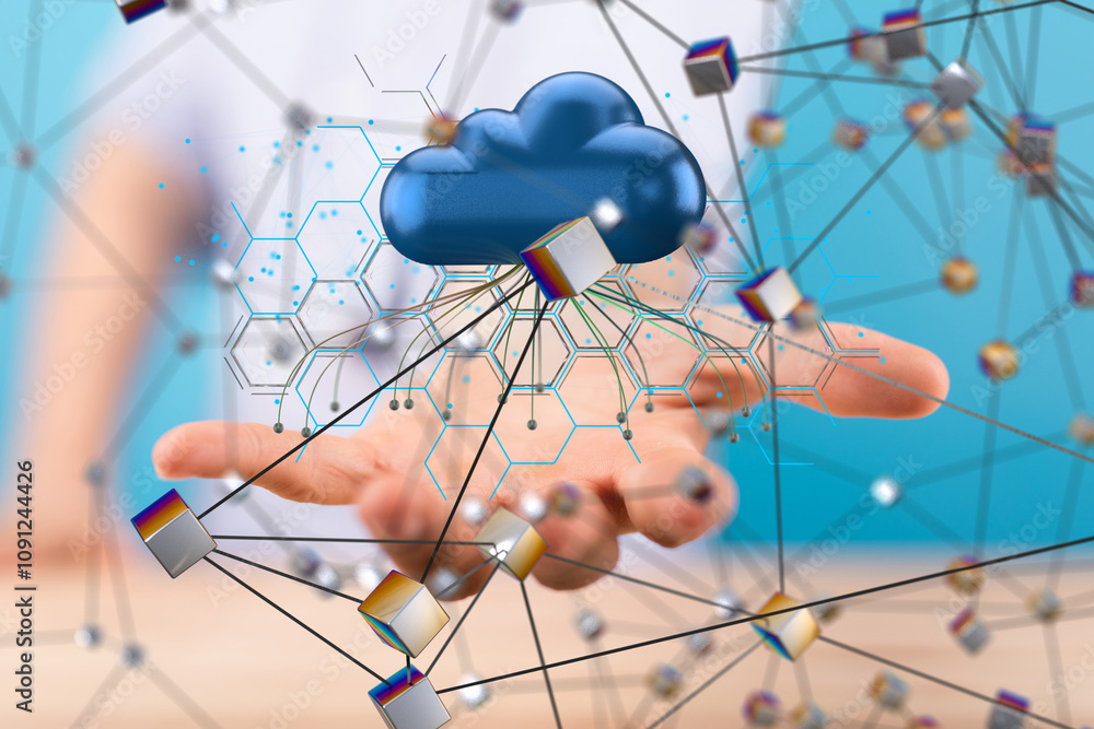 Poster Data cloud storage network from lines, triangles and particle style design.