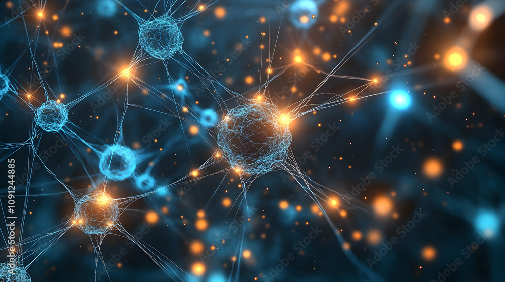 Poster abstract 3d neural network illustration: interconnected nodes and glowing synapses in a dark backgro