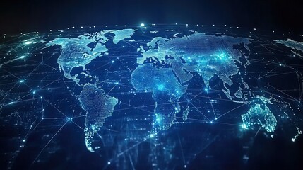Global network connection visualized on a glowing world map.