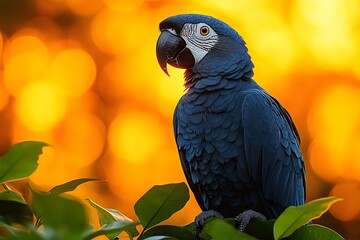 Obraz premium A stunning blue parrot perched on a branch with a golden sunset background