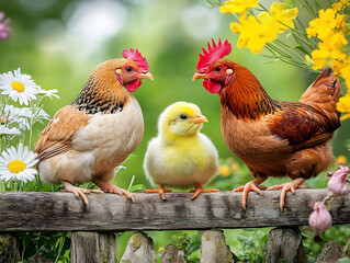 Charming Hen, Rooster, and Chick Illustration