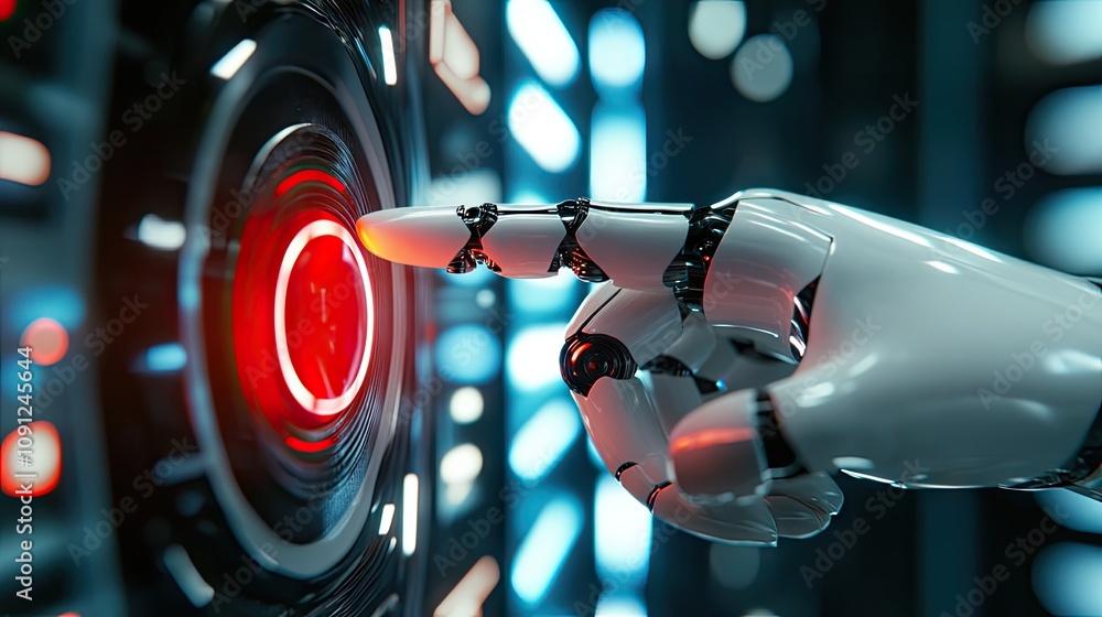 Poster a robot finger pressing a shiny red button, with light trails and a futuristic background symbolizin