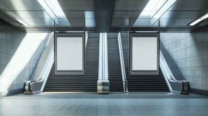 Obraz premium Modern Urban Escalator with Blank Advertisements in Subway Station