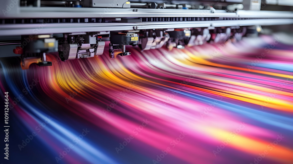 Poster vibrant colors streaming from a large format printer, a dynamic process of high-speed digital printi