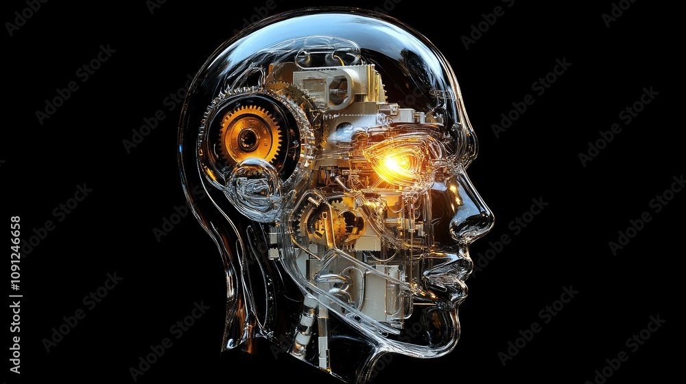 Poster a robot head with gears and circuits visible inside, glowing with vibrant light, representing analyt