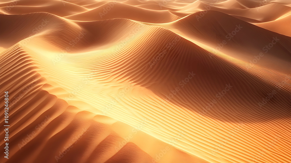 Aufkleber golden desert dunes: 3d render of textured sand under warm sunlight, creating a serene and abstract 