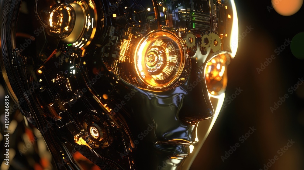Poster a robot head with gears and circuits visible inside, glowing with vibrant light, representing analyt