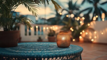 Obraz premium Lit candle on patio table at sunset, surrounded by plants and string lights.