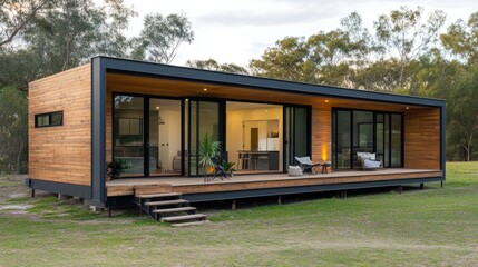 A contemporary modular prefabricated home with expansive panoramic windows, providing a seamless connection to the outdoor space.