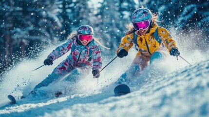 Two skiers racing down a snowy mountainside together.