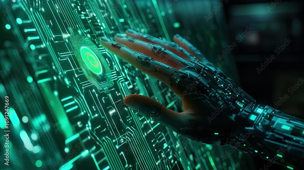 Poster a robotic hand reaching out to push a green-lit button, with futuristic circuit patterns glowing in 