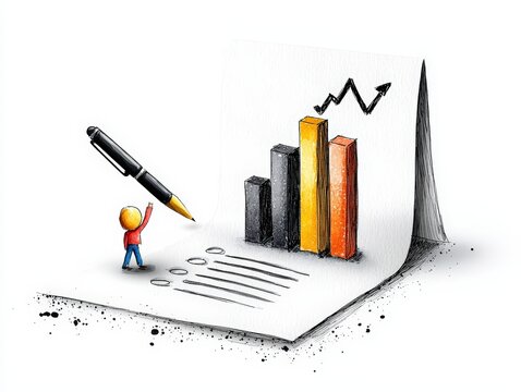 A small figure observes a rising bar chart, illustrating growth and progress in a creative financial concept.