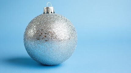 Beautiful Silver Glitter Christmas Ornament on Soft Blue Background