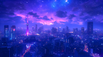 Obraz premium Night Cityscape Illustration: Illuminated Towers Under a Starry, Purple Sky