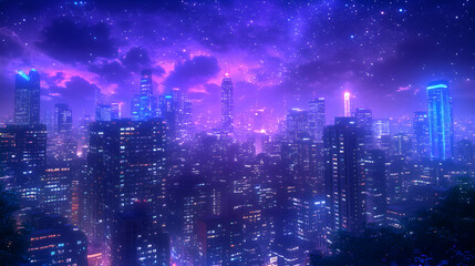 Fototapeta premium Digital Cityscape: Nighttime Metropolis Under a Starry Purple Sky, Glowing Buildings and hazy atmosphere. An Artistic Render.