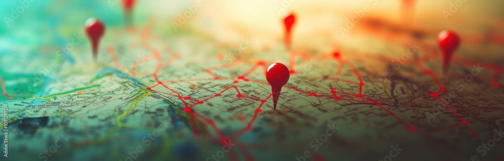 Poster Bright Red Pushpins on a Colorful Map Indicate Popular Locations and Navigation Paths in a Vibrant Urban Environment