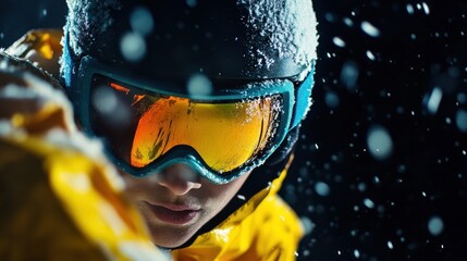 Close-up of skier's face with orange goggles on snow
