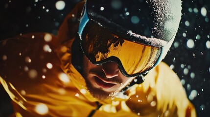 Skier in yellow jacket amidst falling snow at night