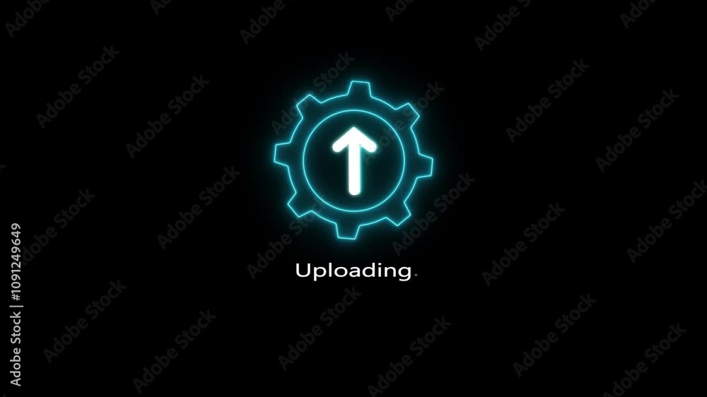 Poster neon line glowing cyan color uploading arrow icon animation on black background.
