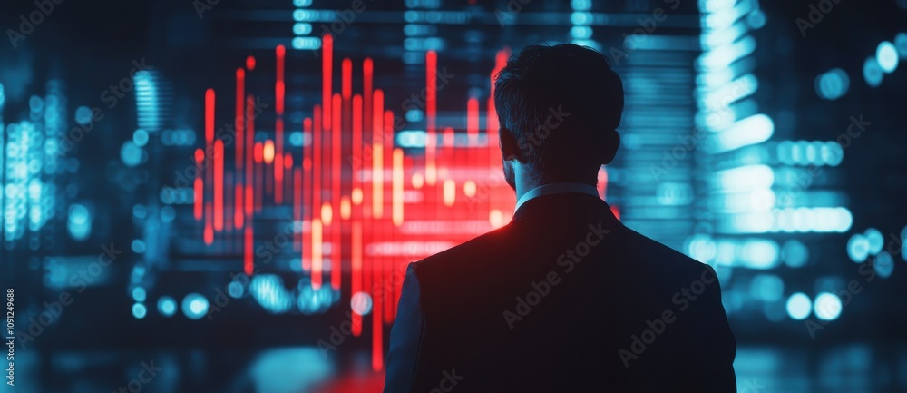 Poster business professional analyzing data trends in a digital environment with graphical imagery on a dis