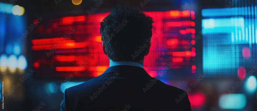 Poster business professional stands facing colorful led display with stock market graphics, representing da