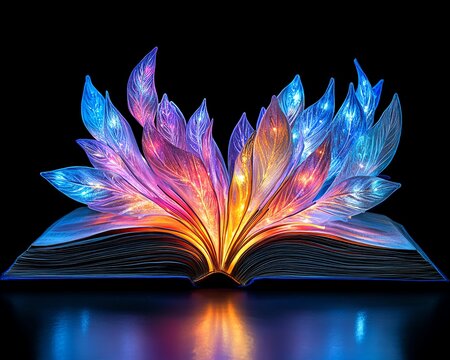 A vibrant open book with glowing pages, symbolizing creativity, imagination, and the power of learning to expand knowledge and foster education
